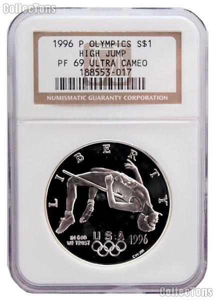 1996-P Atlanta Olympic Games Centennial High Jump Commemorative Proof Silver Dollar in NGC PF 69 Ultra Cameo