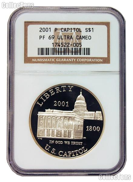 2001-P Capitol Visitor Center Commemorative Proof Silver Dollar in NGC PF 69 Ultra Cameo