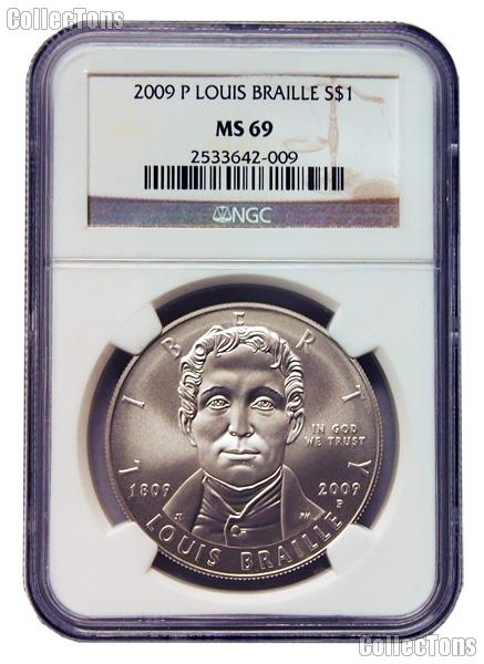 2009-P Louis Braille Bicentennial Commemorative Uncirculated Silver Dollar in NGC MS 69