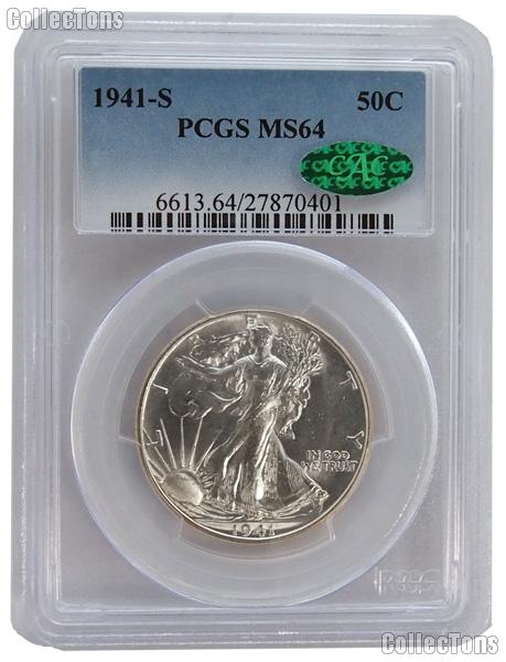 1941-S Walking Liberty Silver Half Dollar in PCGS MS 64 with CAC Verification Sticker