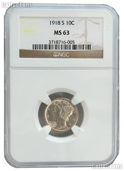 1918-S Mercury Silver Dime in NGC MS 63