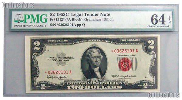 1953C Two Dollar Bill Red Seal Legal Tender Note STAR NOTE $2 in PMG Choice Uncirculated 64 EPQ