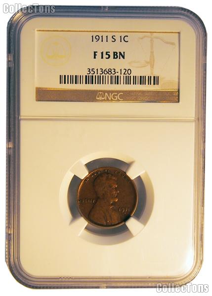 1911-S Lincoln Wheat Cent KEY DATE in NGC F 15 BN (Brown)