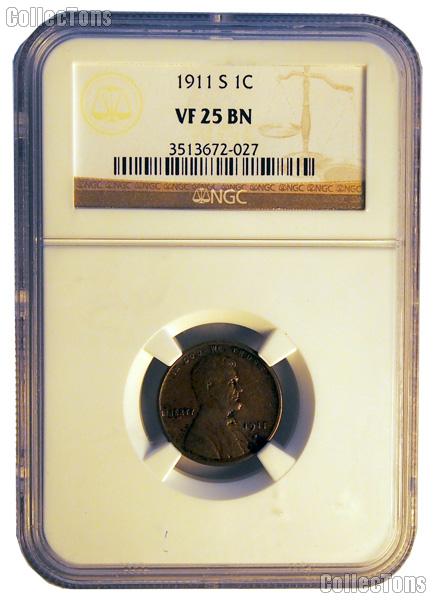 1911-S Lincoln Wheat Cent KEY DATE in NGC VF 25 BN (Brown)