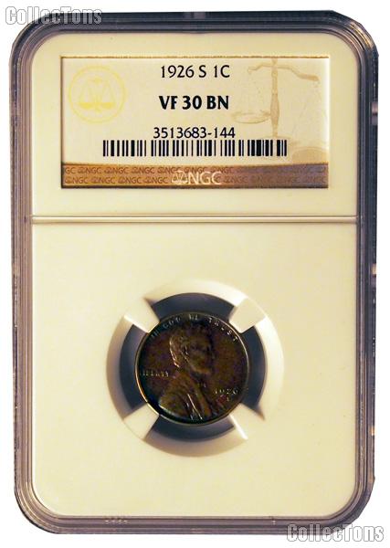 1926-S Lincoln Wheat Cent in NGC VF 30 BN (Brown)