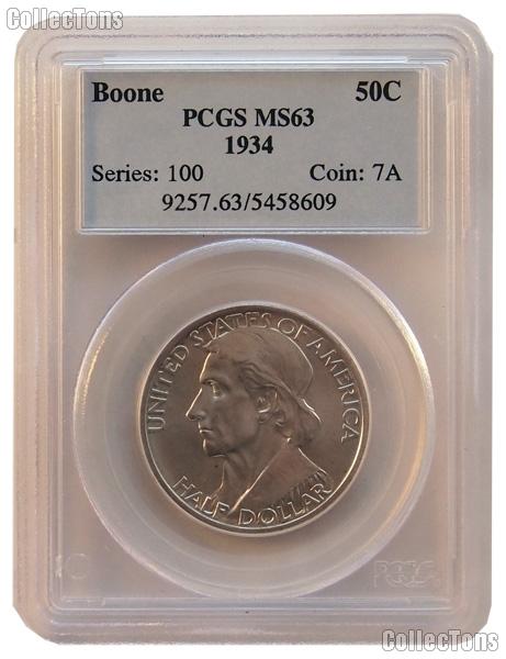 1934 Daniel Boone Bicentennial Silver Commemorative Half Dollar in PCGS MS 63
