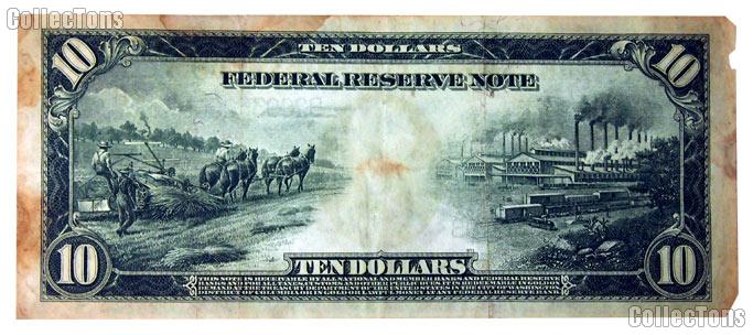 Ten Dollar Bill Federal Reserve Note Blue Seal Large Size Series 1914 US Currency