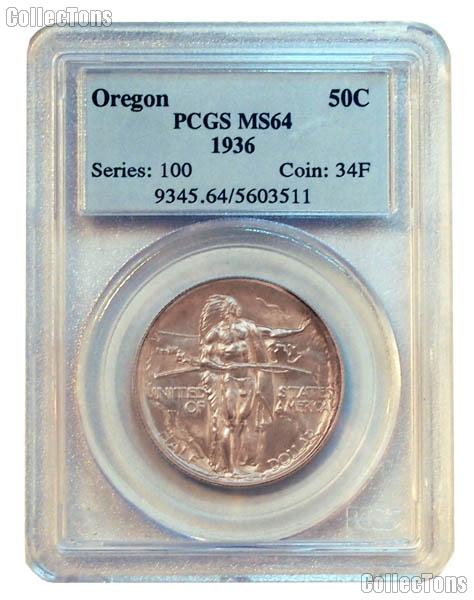 1936 Oregon Trail Memorial Silver Commemorative Half Dollar in PCGS MS 64