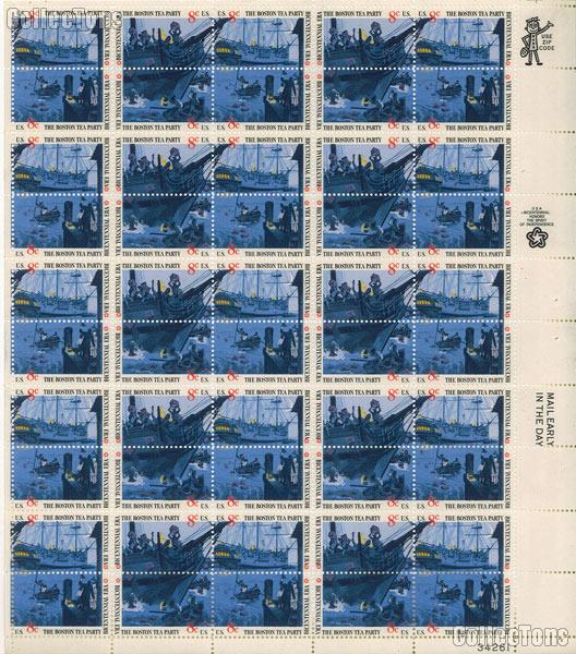 1973 Boston Tea Party - Bicentennial Era 8 Cent US Postage Stamp MNH Sheet of 50 Scott #1480 - #1483
