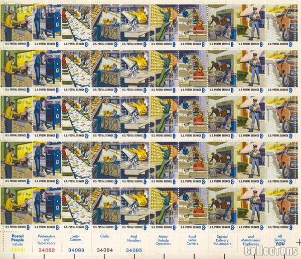 1973 U.S. Postal Service - Postal Service Employees' Issue 8 Cent US Postage Stamp MNH Sheet of 50 Scott #1489 - #1498
