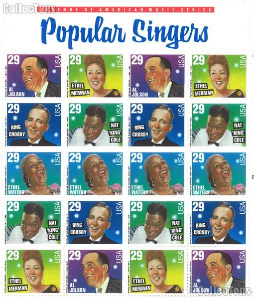 1994 Legends of American Music Series - Popular Singers 29 Cent US Postage Stamp MNH Sheet of 20 Scott #2849 - #2853