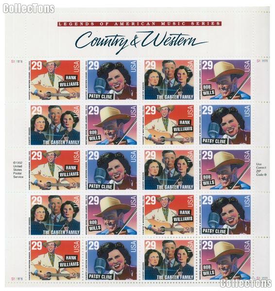 1993 Legends of American Music Series : Country & Western - Popular Singers 29 Cent US Postage Stamp MNH Sheet of 20 Scott #2771 - #2774