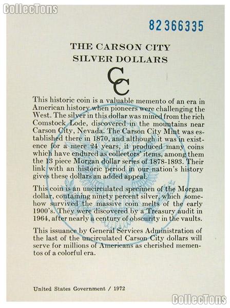 1882 GSA Carson City Silver Dollar Government Issued OGP Replacement Certificate of Authenticity COA