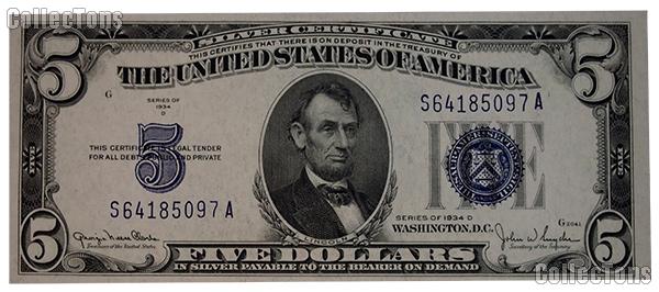 Details about   1934 Series Paper Money Five Dollar Silver Certificate One Bill Per Purchase 