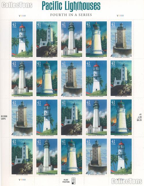 2007 Pacific Lighthouses 41 Cent US Postage Stamp Unused Sheet of 20 Scott #4146 - #4150