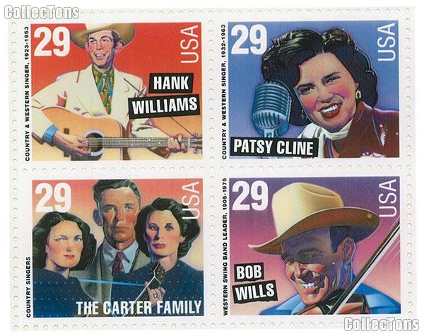 1993 Legends of American Music Series : Country & Western - Popular Singers 29 Cent US Postage Stamp MNH Sheet of 20 Scott #2771 - #2774