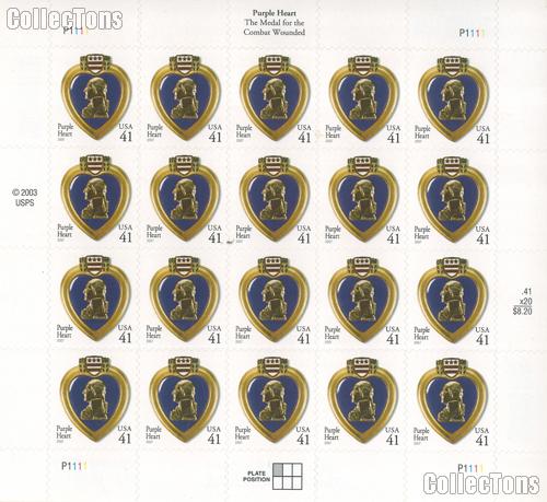 2007 United States Purple Heart 41 Cent US Postage Stamp Unused Sheet of 20 Scott #4164