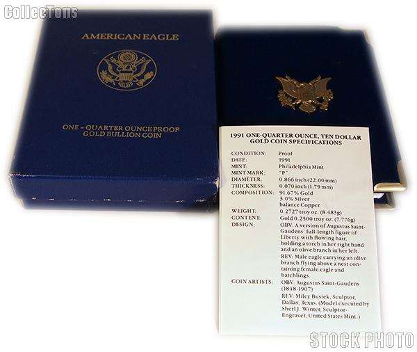 1991 American Eagle 1/4 oz Proof $10 Gold Bullion Coin OGP Replacement Box and COA