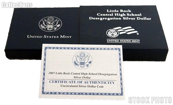 2007-P Little Rock Central High School Desegregation Commemorative Uncirculated Silver Dollar OGP Replacement Box and COA
