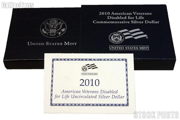 2010-W American Veterans Disabled for Life Commemorative Uncirculated Silver Dollar OGP Replacement Box and COA