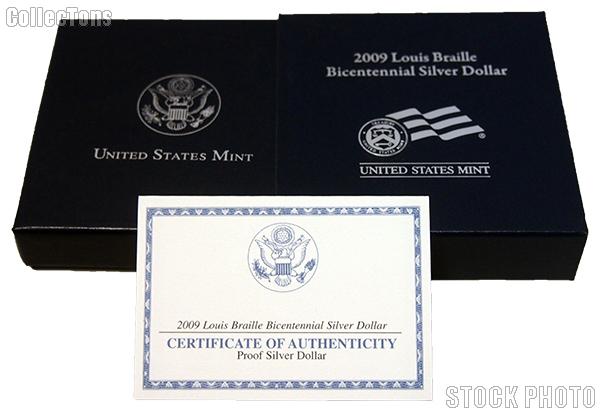 2009-P Louis Braille Bicentennial Commemorative Proof Silver Dollar OGP Replacement Box and COA