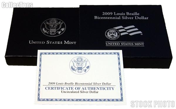 2009-P Louis Braille Bicentennial Commemorative Uncirculated Silver Dollar OGP Replacement Box and COA
