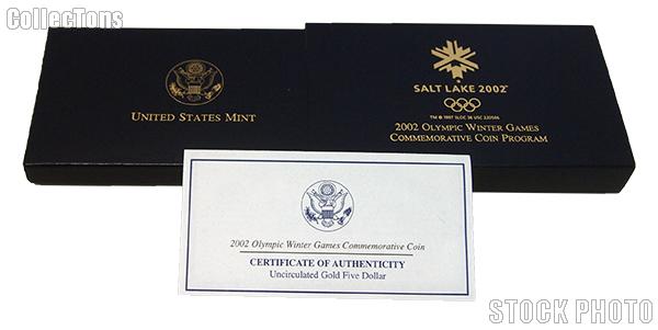 2002 Salt Lake City Winter Games Commemorative Uncirculated Gold Five Dollar OGP Replacement Box and COA