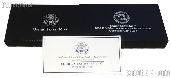 2002 United States Military Academy Bicentennial Commemorative Proof Silver Dollar OGP Replacement Box and COA