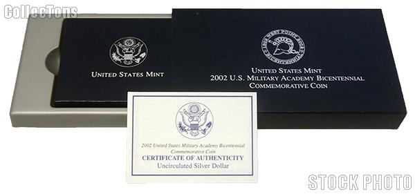 2002 United States Military Academy Bicentennial Commemorative Uncirculated Silver Dollar OGP Replacement Box and COA