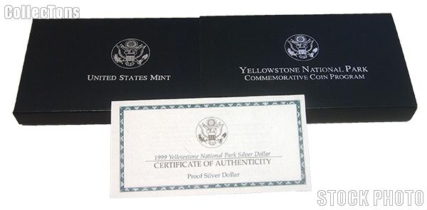 1999 Yellowstone National Park Commemorative Proof Silver Dollar OGP Replacement Box and COA