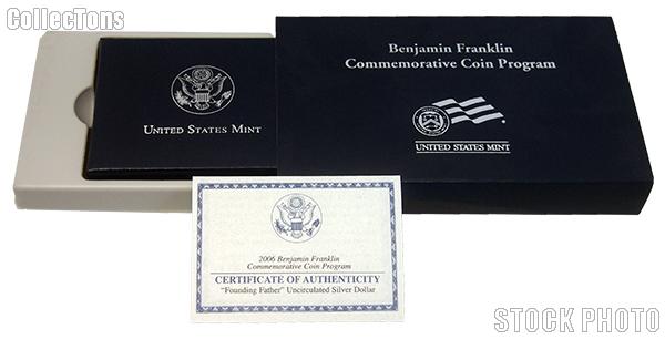 2006 Benjamin Franklin "Founding Father" Commemorative Uncirculated Silver Dollar OGP Replacement Box and COA