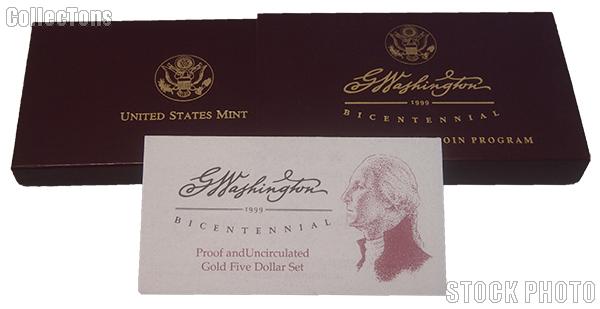 1999 George Washington Bicentennial Commemorative Proof and Uncirculated Gold Five Dollar Set OGP Replacement Box and COA
