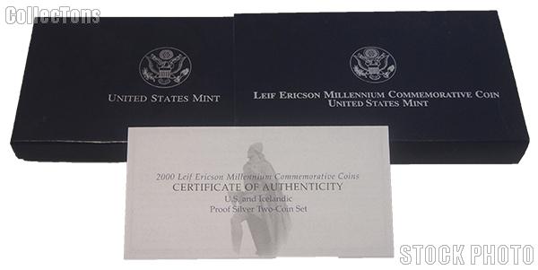 2000 Leif Ericson Millennium Commemorative U.S. and Icelandic Proof Silver Two-Coin Set OGP Replacement Box and COA