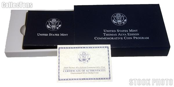 2004 Thomas Alva Edison Commemorative Uncirculated Silver Dollar OGP Replacement Box and COA