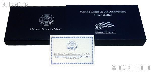 2005 Marine Corps 230th Anniversary Commemorative Proof Silver Dollar OGP Replacement Box and COA