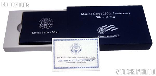 2005 Marine Corps 230th Anniversary Commemorative Uncirculated Silver Dollar OGP Replacement Box and COA