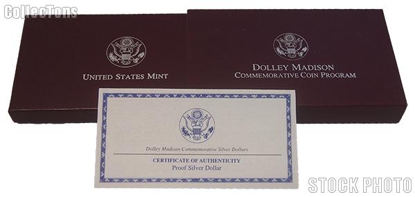 1999 Dolley Madison Commemorative Proof Silver Dollar OGP Replacement Box and COA