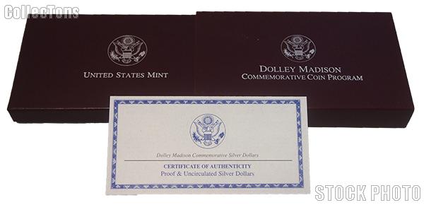 1999 Dolley Madison Commemorative Proof and Uncirculated Dollars Two-Coin Set OGP Replacement Box and COA