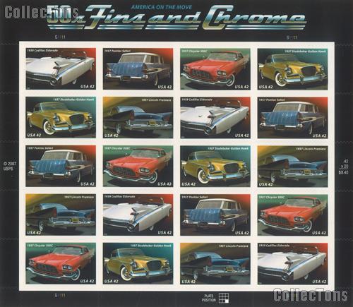 2008 Automobiles of the 1950s 42 Cent US Postage Stamp Unused Sheet of 20 Scott #4353 - #4357