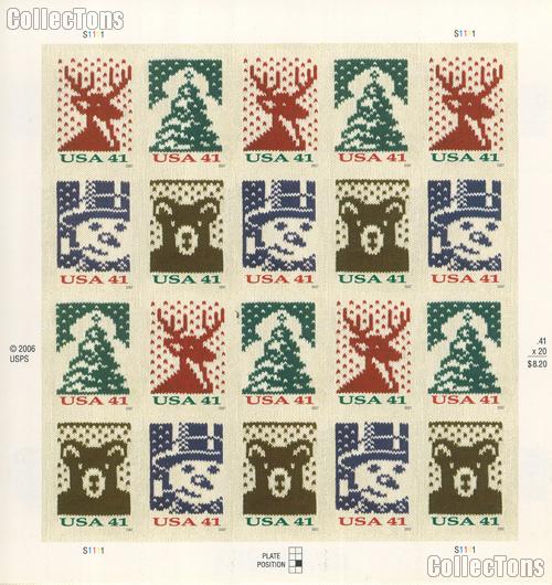2007 Holiday Knits 41 Cent US Postage Stamp Unused Sheet of 20 Scott #4207 - #4210