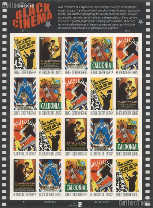 2008 Vintage Black Cinema 42 Cent US Postage Stamp Unused Sheet of 20 Scott #4336 - #4340