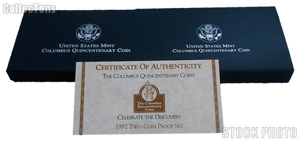 1992 Columbus Quincentenary Commemorative Proof Two-Coin Set OGP Replacement Box and COA