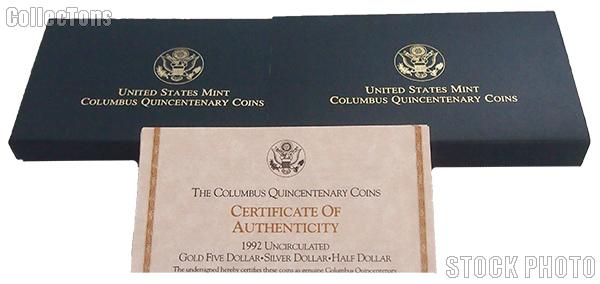 1992 Columbus Quincentenary Commemorative Uncirculated Three-Coin Set Set OGP Replacement Box and COA