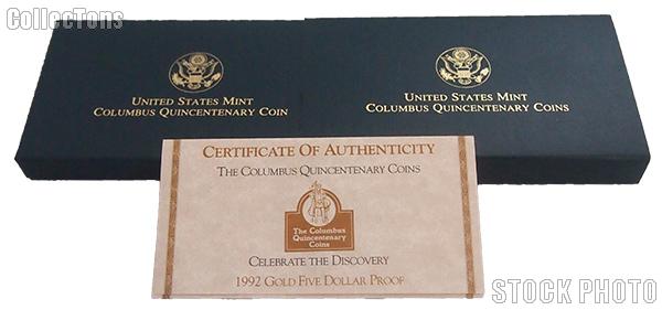 1992 Columbus Quincentenary Commemorative Proof Gold Five Dollar OGP Replacement Box and COA