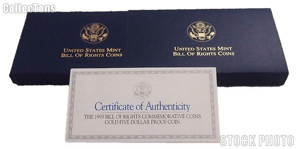 1993 Bill of Rights Commemorative Proof Gold Five Dollar OGP Replacement Box and COA