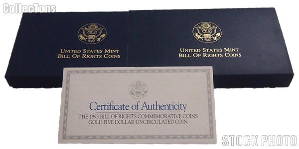 1993 Bill of Rights Commemorative Uncirculated Gold Five Dollar OGP Replacement Box and COA