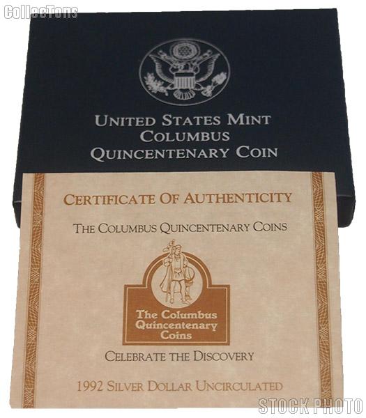 1992 Columbus Quincentenary Commemorative Uncirculated Silver Dollar OGP Replacement Box and COA