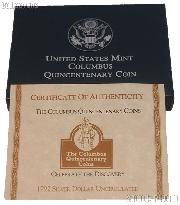 1992 Columbus Quincentenary Commemorative Uncirculated Silver Dollar OGP Replacement Box and COA