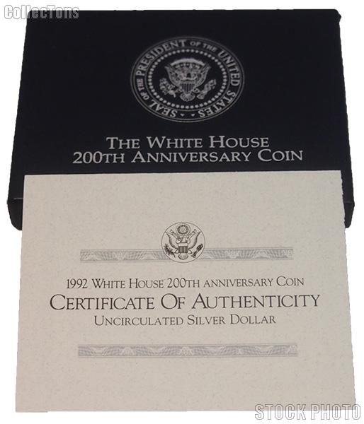 1992 White House 200th Anniversary Commemorative Uncirculated Silver Dollar OGP Replacement Box and COA