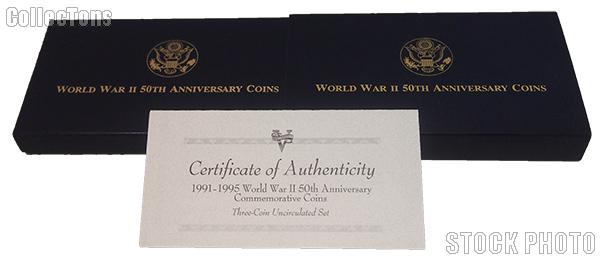 1991-1995 World War II 50th Anniversary Commemorative Three-Coin Uncirculated Set OGP Replacement Box and COA